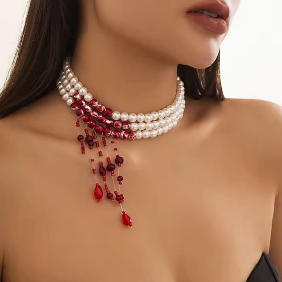 Pearl Scarlet Red Blood Crystal Choker – Queen’s Statement Necklace - Picture 1 of 8